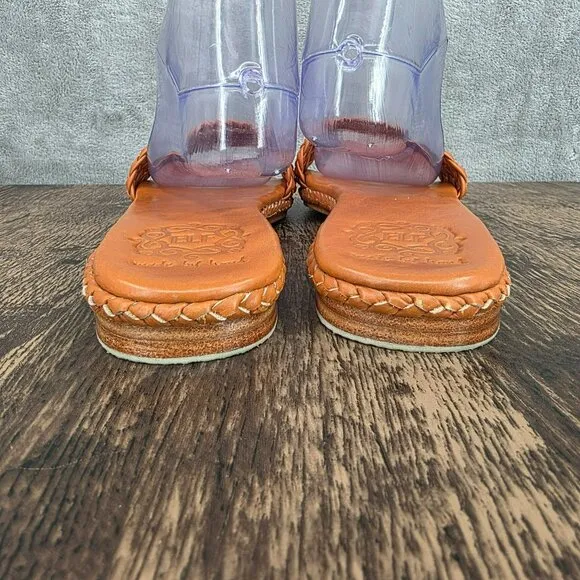 ELF Iris Braided Leather Slides Sandals 11 Dark Tan Leather Handmade Flat Straps
