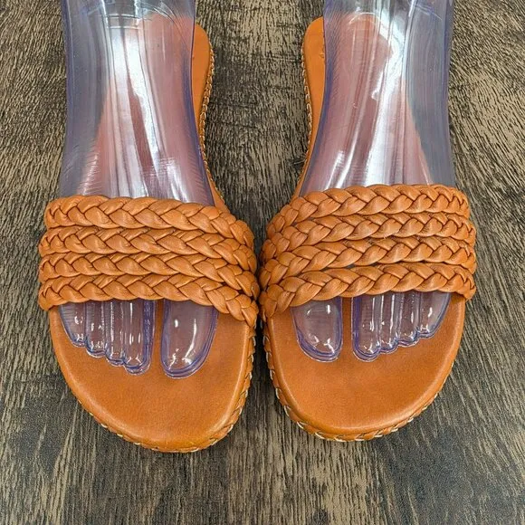 ELF Iris Braided Leather Slides Sandals 11 Dark Tan Leather Handmade Flat Straps