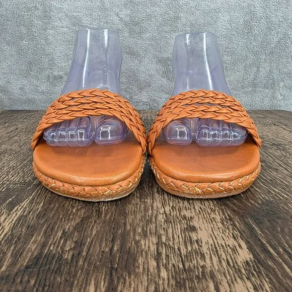 ELF Iris Braided Leather Slides Sandals 11 Dark Tan Leather Handmade Flat Straps