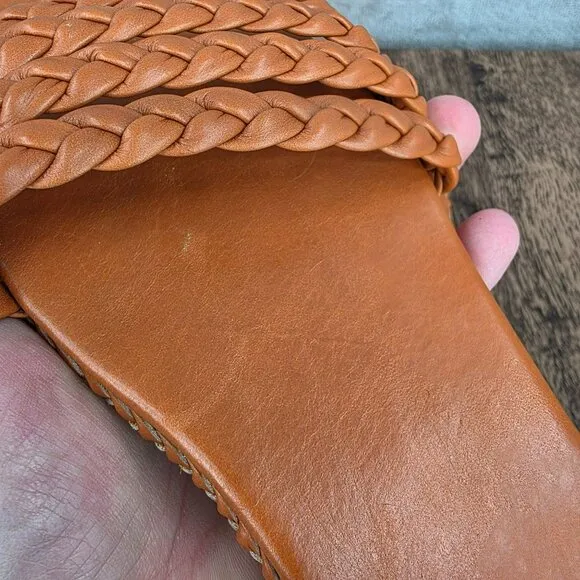 ELF Iris Braided Leather Slides Sandals 11 Dark Tan Leather Handmade Flat Straps