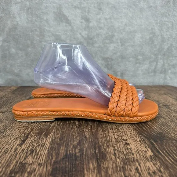 ELF Iris Braided Leather Slides Sandals 11 Dark Tan Leather Handmade Flat Straps