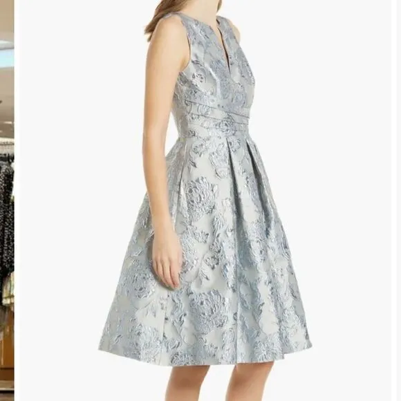 Eliza J Floral Brocade Sleeveless Fit and Flare Cocktail Dress Blue/Silver 4 NWT