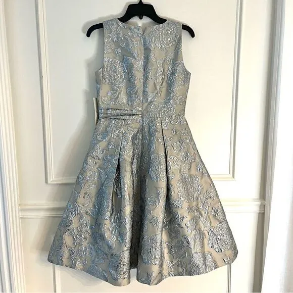 Eliza J Floral Brocade Sleeveless Fit and Flare Cocktail Dress Blue/Silver 4 NWT