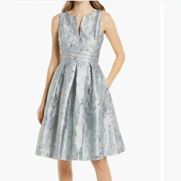 Eliza J Floral Brocade Sleeveless Fit and Flare Cocktail Dress Blue/Silver 4 NWT
