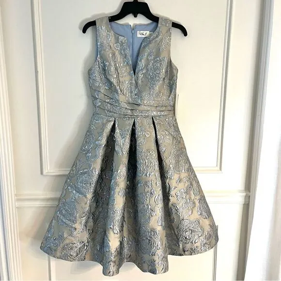 Eliza J Floral Brocade Sleeveless Fit and Flare Cocktail Dress Blue/Silver 4 NWT