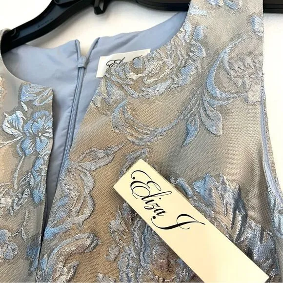 Eliza J Floral Brocade Sleeveless Fit and Flare Cocktail Dress Blue/Silver 4 NWT