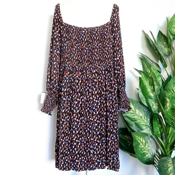 ELOQUII Black Brown Blue White Print Smocked Puff Sleeve Square Neck Mini Dress