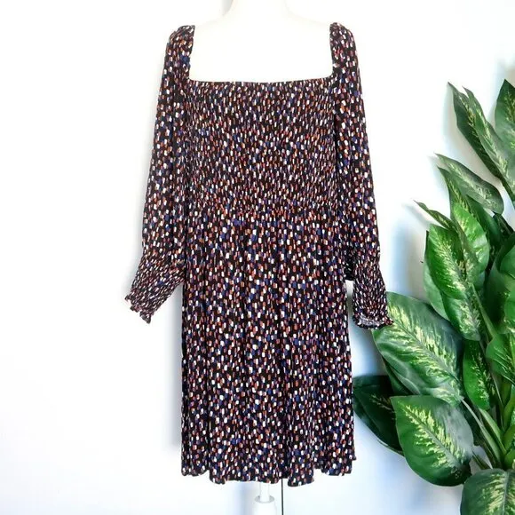 ELOQUII Black Brown Blue White Print Smocked Puff Sleeve Square Neck Mini Dress