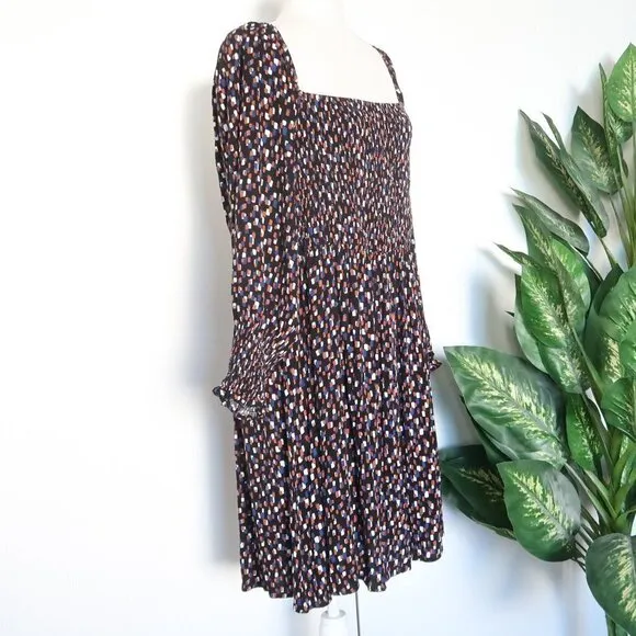ELOQUII Black Brown Blue White Print Smocked Puff Sleeve Square Neck Mini Dress