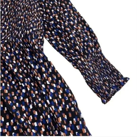 ELOQUII Black Brown Blue White Print Smocked Puff Sleeve Square Neck Mini Dress