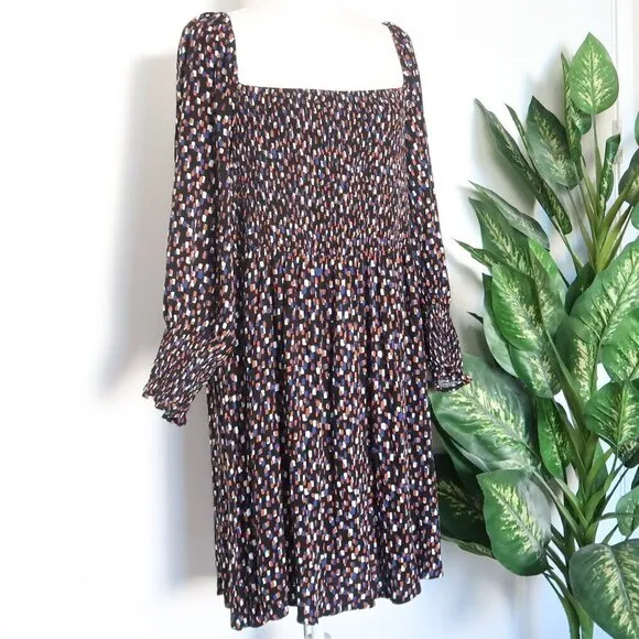 ELOQUII Black Brown Blue White Print Smocked Puff Sleeve Square Neck Mini Dress