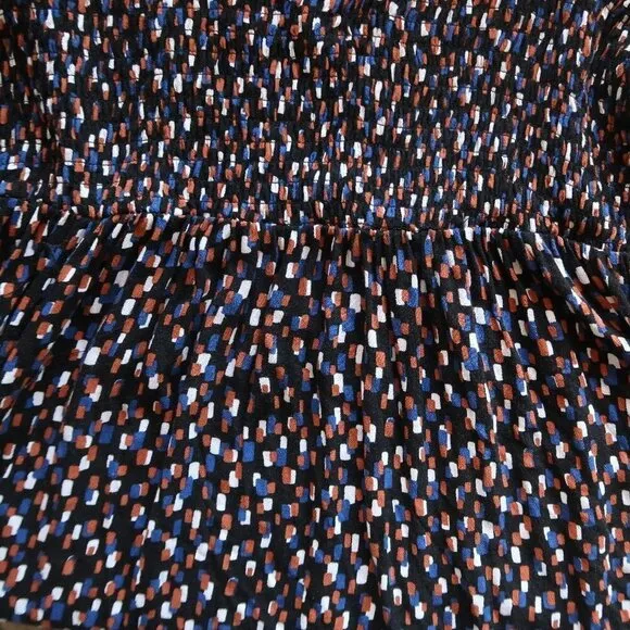 ELOQUII Black Brown Blue White Print Smocked Puff Sleeve Square Neck Mini Dress