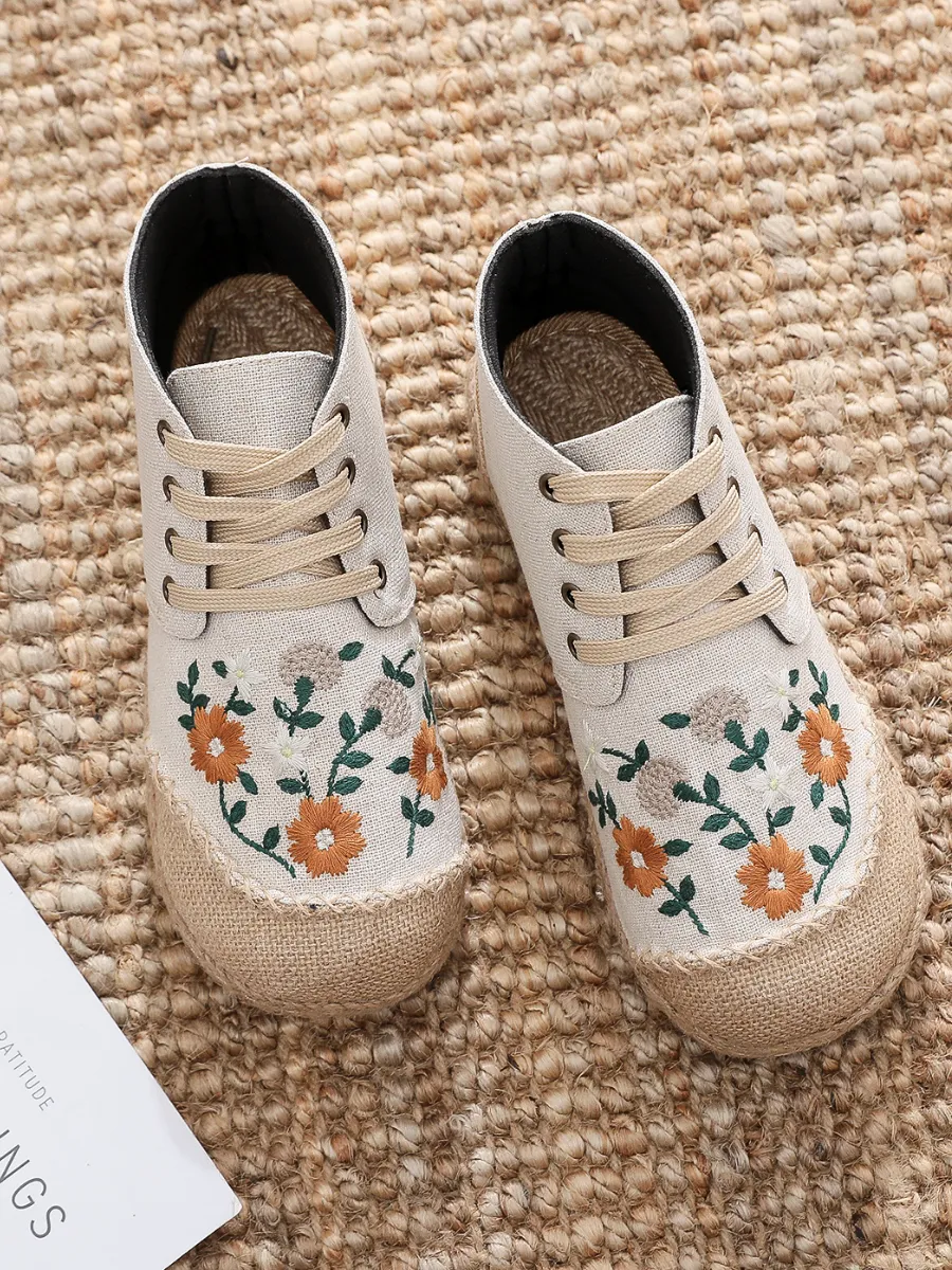 Embroidered Floral Head Hi-Top Sneakers Espadrilles