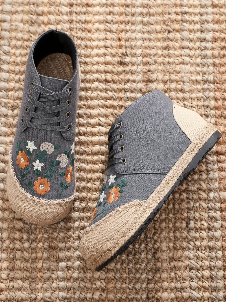 Embroidered Floral Head Hi-Top Sneakers Espadrilles