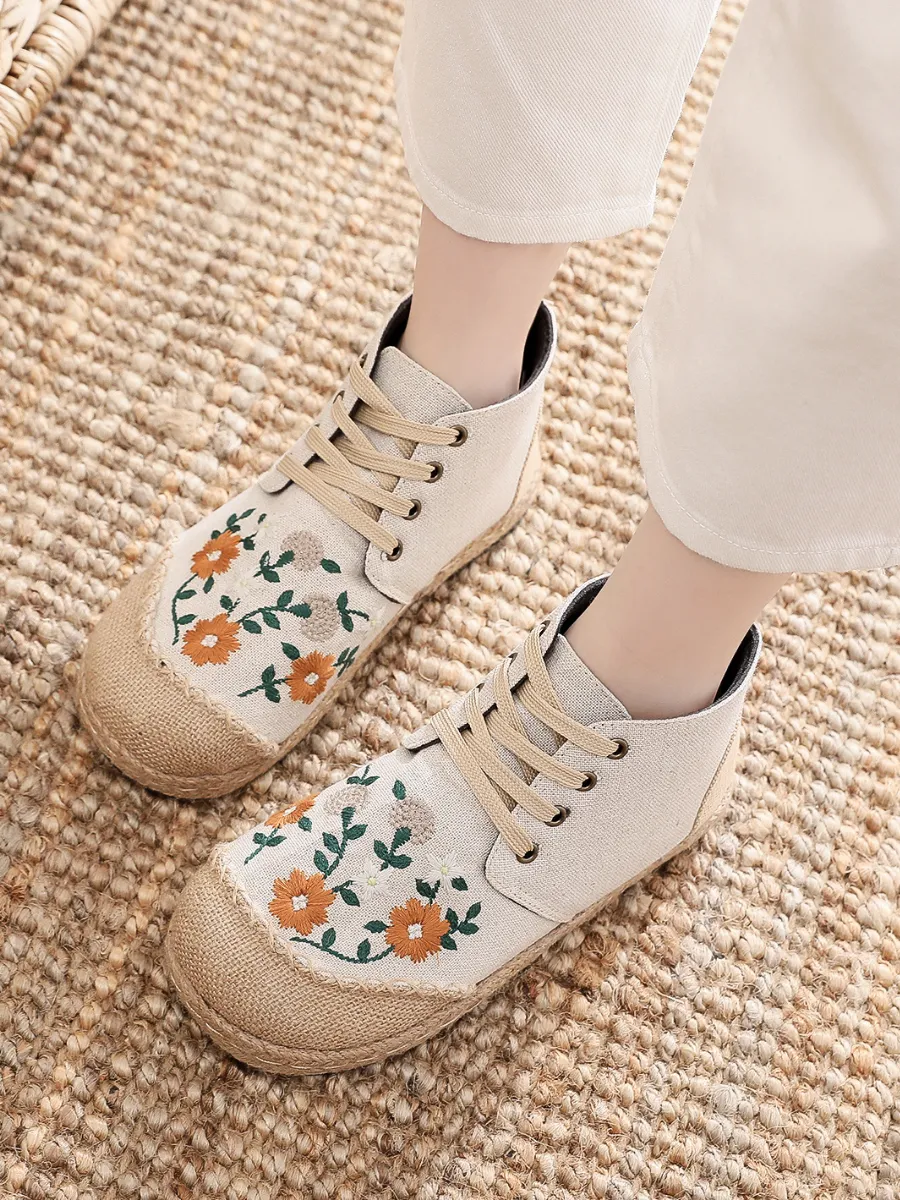 Embroidered Floral Head Hi-Top Sneakers Espadrilles