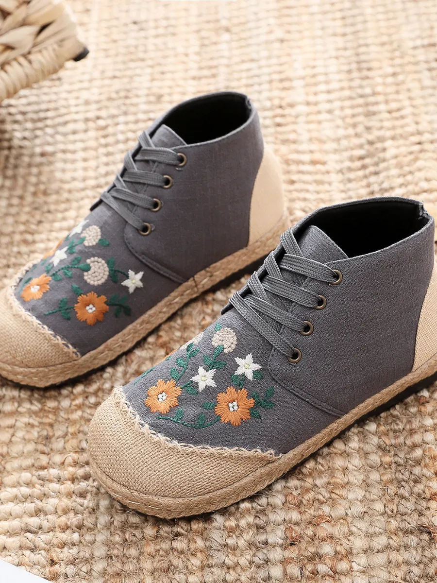 Embroidered Floral Head Hi-Top Sneakers Espadrilles