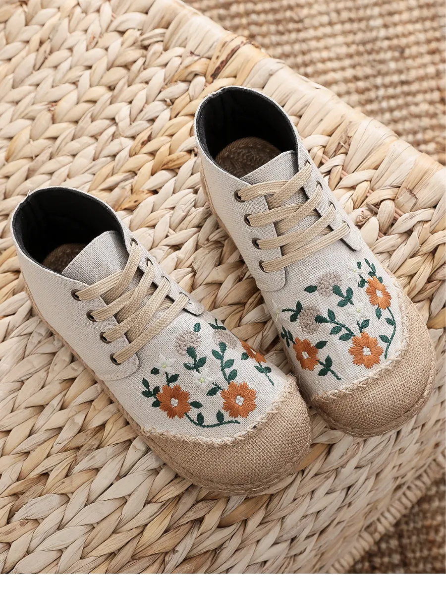 Embroidered Floral Head Hi-Top Sneakers Espadrilles
