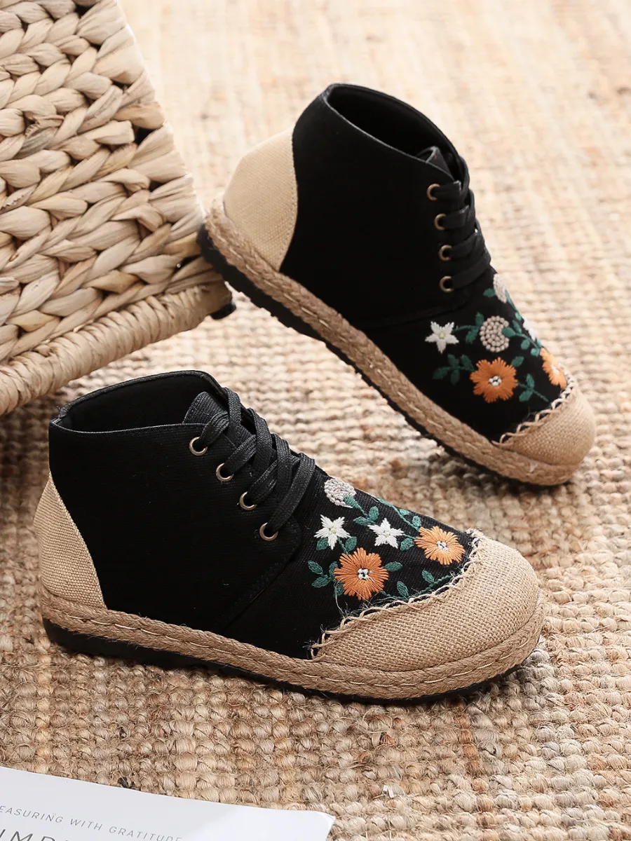 Embroidered Floral Head Hi-Top Sneakers Espadrilles