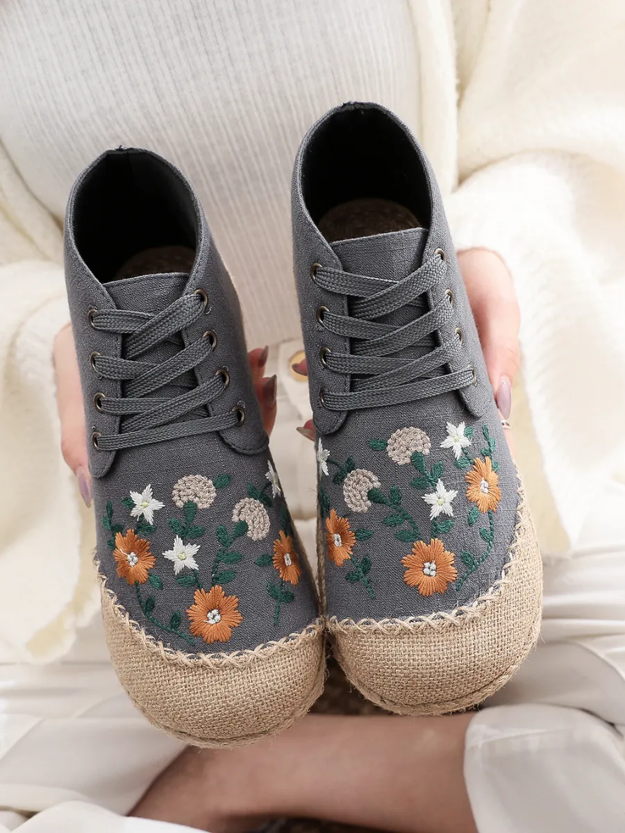 Embroidered Floral Head Hi-Top Sneakers Espadrilles