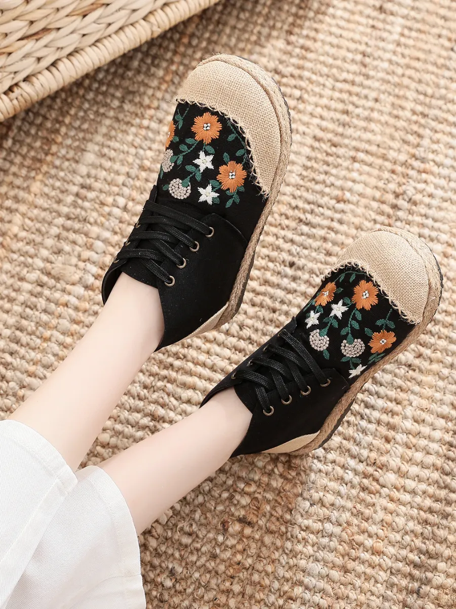 Embroidered Floral Head Hi-Top Sneakers Espadrilles