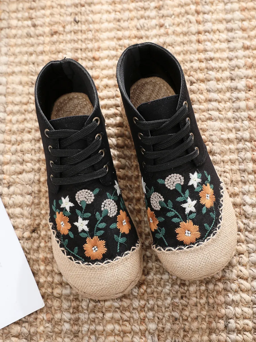 Embroidered Floral Head Hi-Top Sneakers Espadrilles