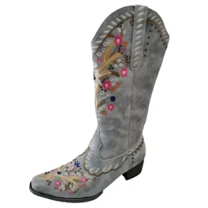 Embroidered Flower Thick heeled Mid-heel High-tube Sleeve Boots Western 8.5 (41)