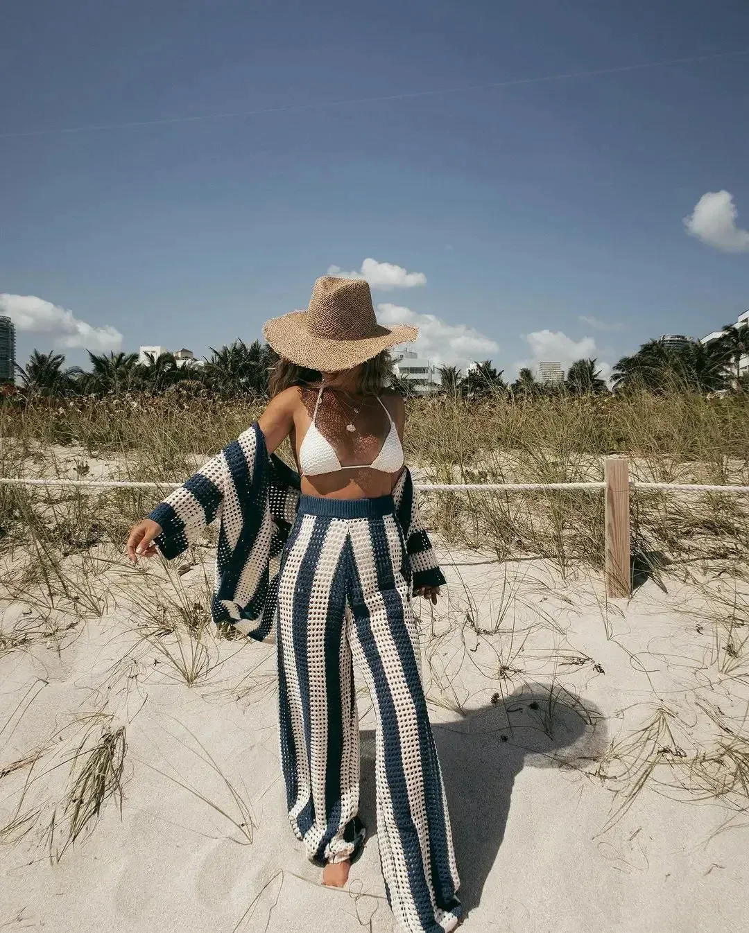 Ensemble Rayé Bleu de Plage avec Pantalon