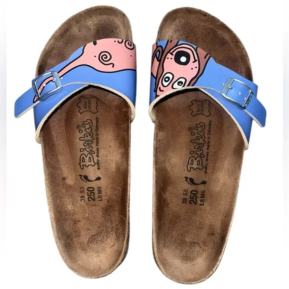 {EUC Birkenstock Birki’s Blue Leather Dog Weiner Dachshund Sandal Slides W8 EU39