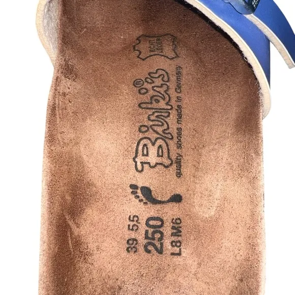 {EUC Birkenstock Birki’s Blue Leather Dog Weiner Dachshund Sandal Slides W8 EU39