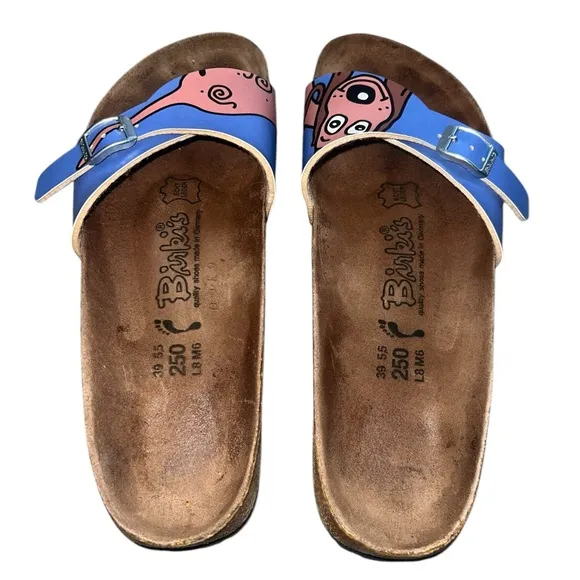 {EUC Birkenstock Birki’s Blue Leather Dog Weiner Dachshund Sandal Slides W8 EU39