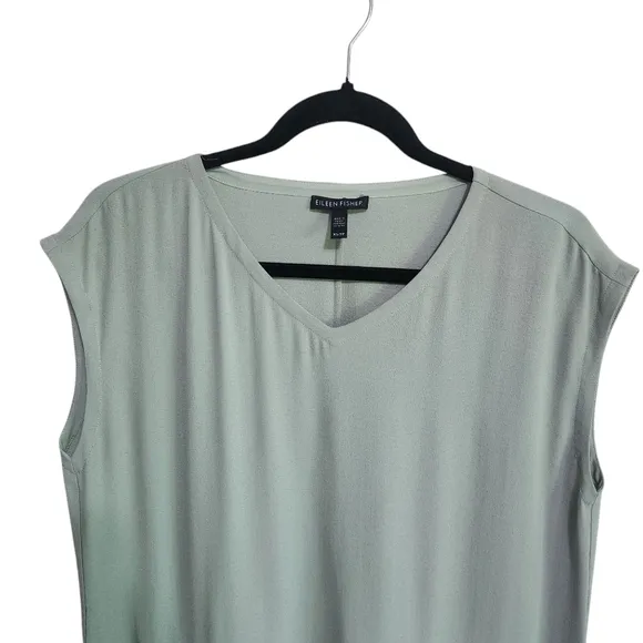 EUC EILEEN FISHER 100% SILK GEORGETTE SAGE SHIFT DRESS FRONT POCKET SZ XS