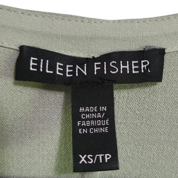 EUC EILEEN FISHER 100% SILK GEORGETTE SAGE SHIFT DRESS FRONT POCKET SZ XS