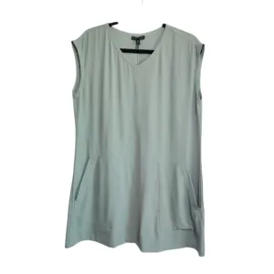 EUC EILEEN FISHER 100% SILK GEORGETTE SAGE SHIFT DRESS FRONT POCKET SZ XS