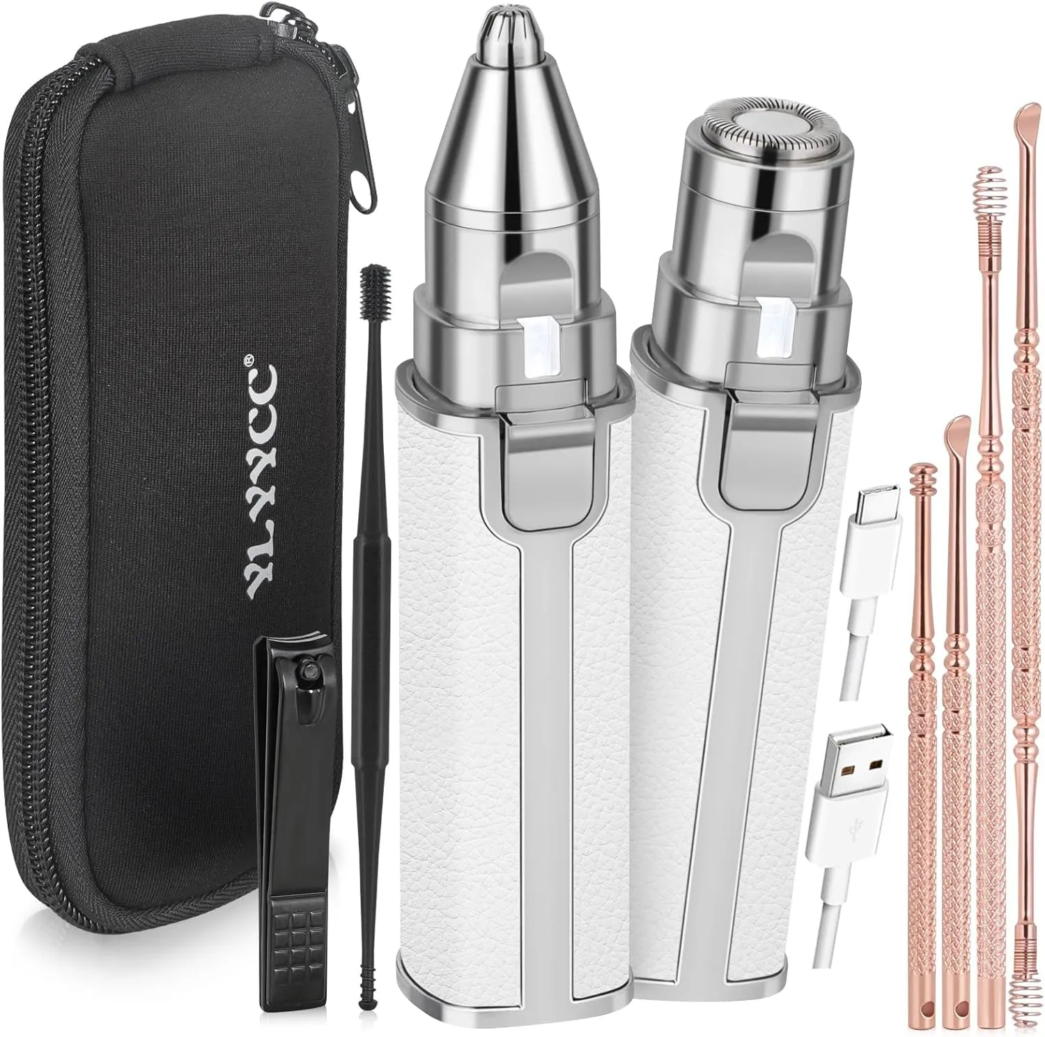 Facial Hair Removal for Women, Electric 2 in 1 Face Shaver and Eyebrow Trimmer, Ear Wax Removal Tool with Storage Box, Rechargeable Nose Hair Trimmer for Women with Built-In LED Light