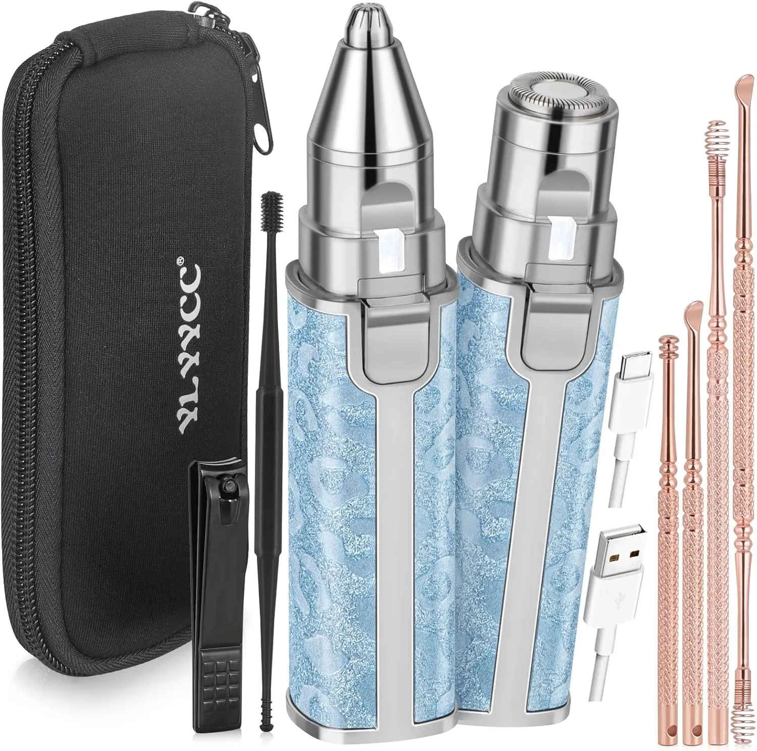 Facial Hair Removal for Women, Electric 2 in 1 Face Shaver and Eyebrow Trimmer, Ear Wax Removal Tool with Storage Box, Rechargeable Nose Hair Trimmer for Women with Built-In LED Light