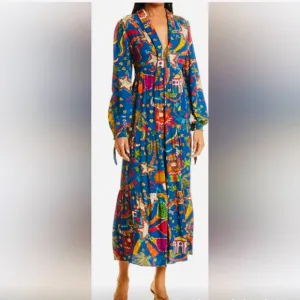 Farm Rio Folk Party Santa Fe Long-Sleeved Maxi Dress
