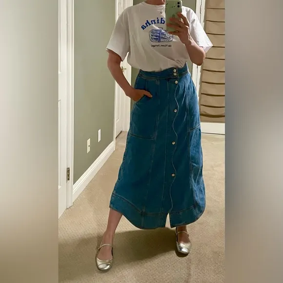 Farm Rio wave denim maxi skirt NWT