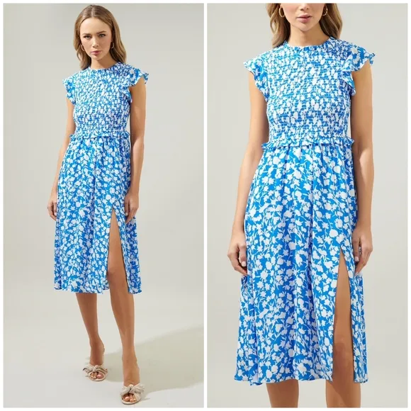 FEW LEFT❗️SUGARLIPS Palmas Amira Blue Ivory Smocked Midi Dress