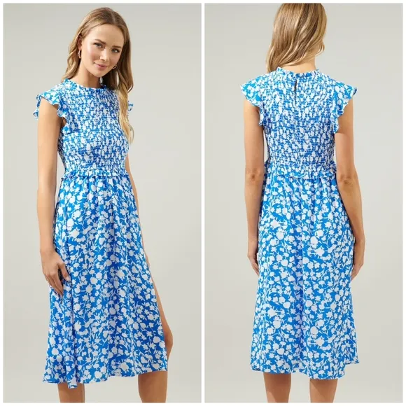 FEW LEFT❗️SUGARLIPS Palmas Amira Blue Ivory Smocked Midi Dress