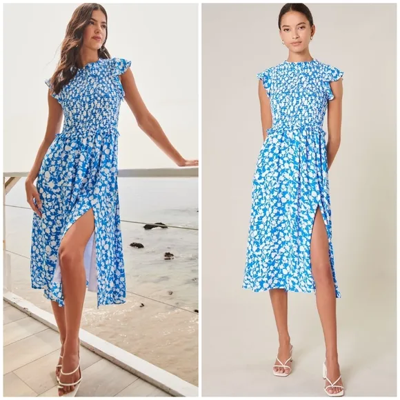 FEW LEFT❗️SUGARLIPS Palmas Amira Blue Ivory Smocked Midi Dress