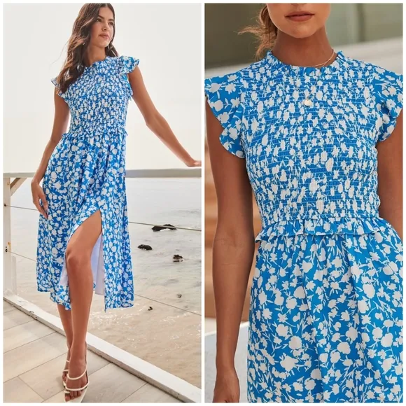 FEW LEFT❗️SUGARLIPS Palmas Amira Blue Ivory Smocked Midi Dress