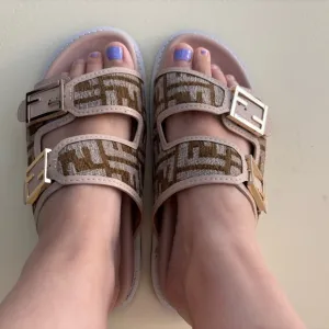 FF Logo Zucca Double Strap Dark Gold and Beige Birkenstock Slides Size 10