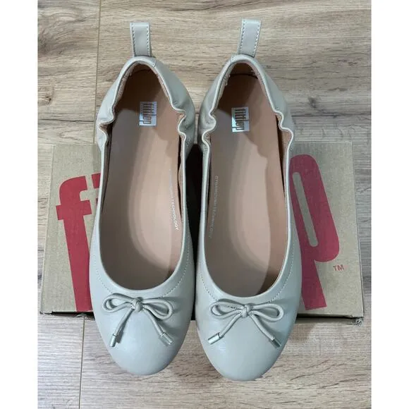 Fitflop Allegro Bow Leather Ballerina Flat Latte Beige Size 10 NIB Comfy Slip On