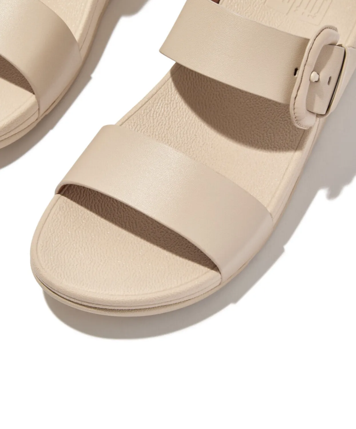 FitFlop Lulu Covered Buckle Raw Edge Leather Slide Stone Beige