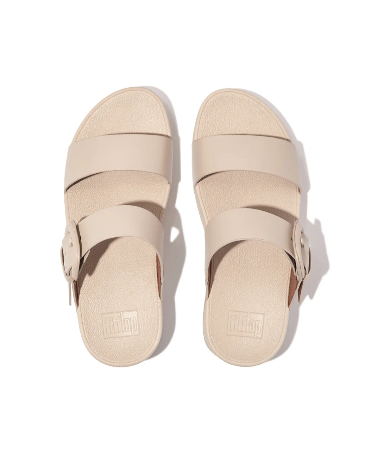 FitFlop Lulu Covered Buckle Raw Edge Leather Slide Stone Beige