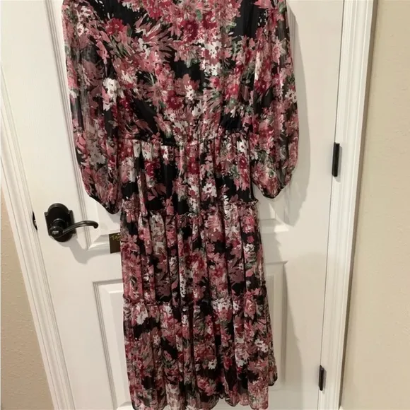 Floral Taylor Black &amp; Pink Midi-Button Down Dress. NWT
