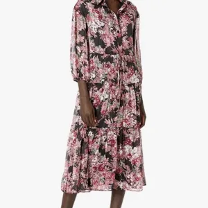 Floral Taylor Black &amp; Pink Midi-Button Down Dress. NWT