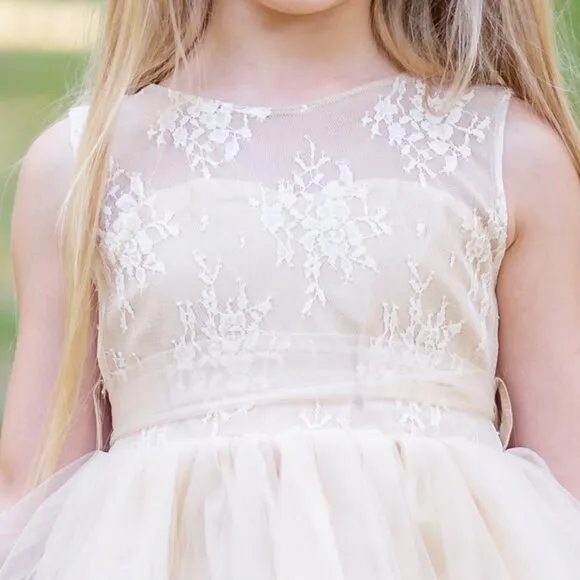 Flower Girl Dress, Girls Formal Dress, Tulle Lace Champagne Toddler Dress, #30