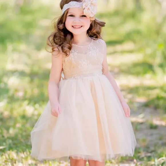 Flower Girl Dress, Girls Formal Dress, Tulle Lace Champagne Toddler Dress, #30