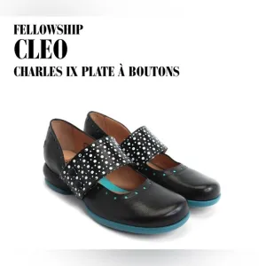 Fluevog EXCELLENT Fellowship Cleo black/teal &amp; white dots leather flats -8/8.5